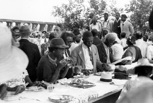 Large group sharing a meal at outdoor banquet tables during an STFU meeting