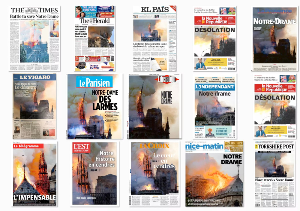 A selection of newspapers displaying the Notre Dame fire 2019