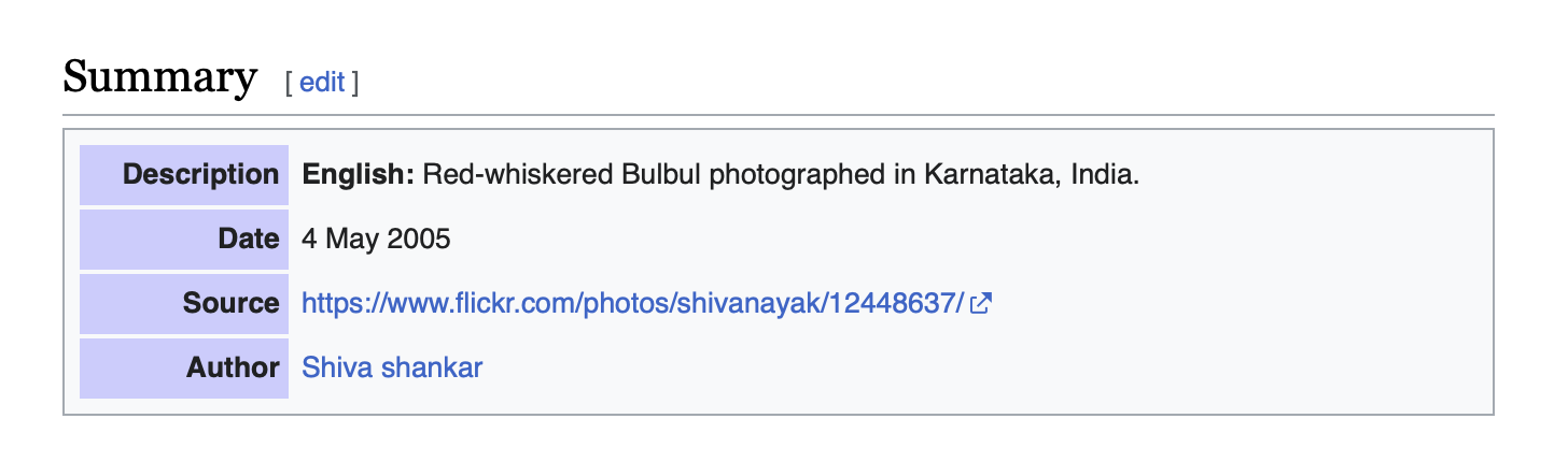 A table with four rows: Description (Red-whiskered Bulbul photographed in Karnataka, India), Date (4 May 2005), Source (a Flickr URL) and Author (Shiva shankar)